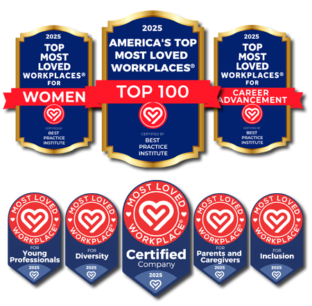 2025 Most Loved Workplace® badges for Top 100, Women, Career Advancement, Young Professionals, Diversity, Parents and Caregivers, and Inclusion, certified by Best Practice Institute.